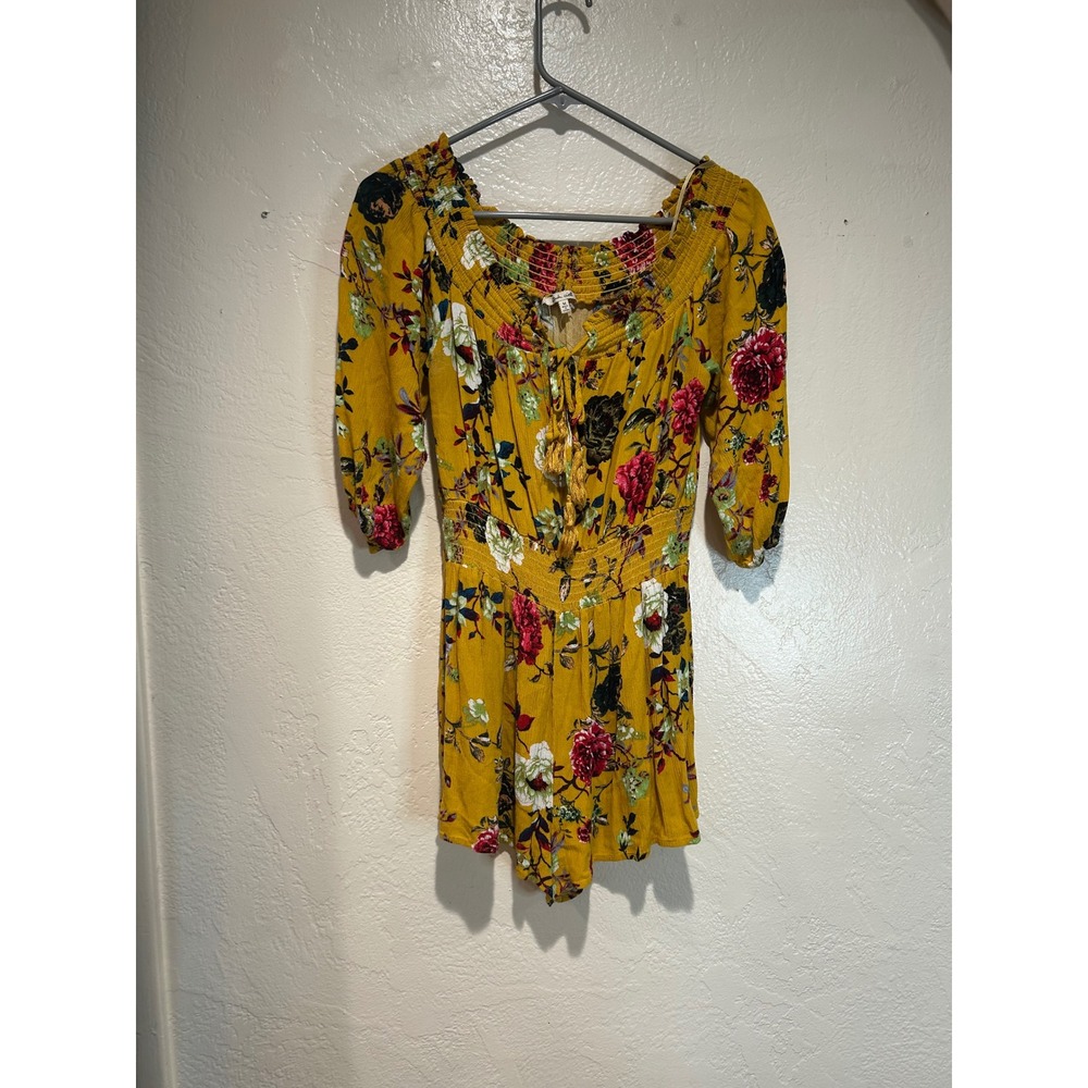 Blu Ciel Mustard Yellow Floral Smocked Off Shoulder Romper Tassel Accent Medium